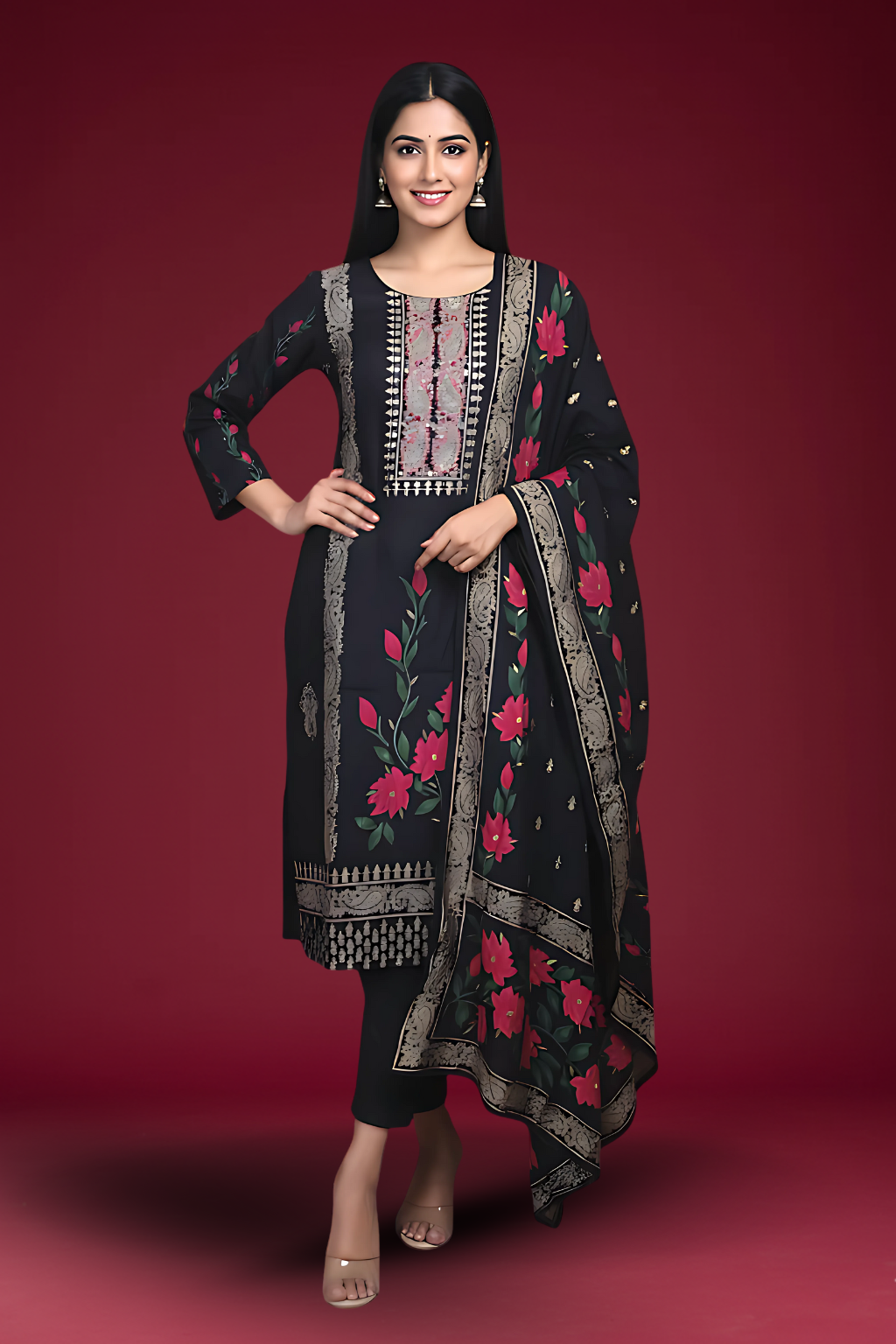 Black Kurta Set in Modal Silk with Digital Print