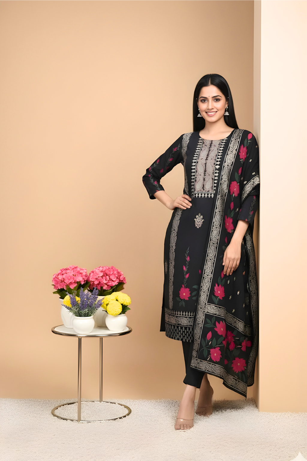 Black Kurta Set in Modal Silk with Digital Print