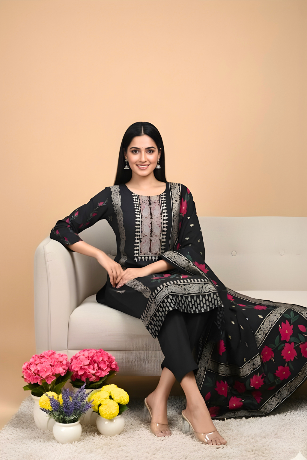 Black Kurta Set in Modal Silk with Digital Print