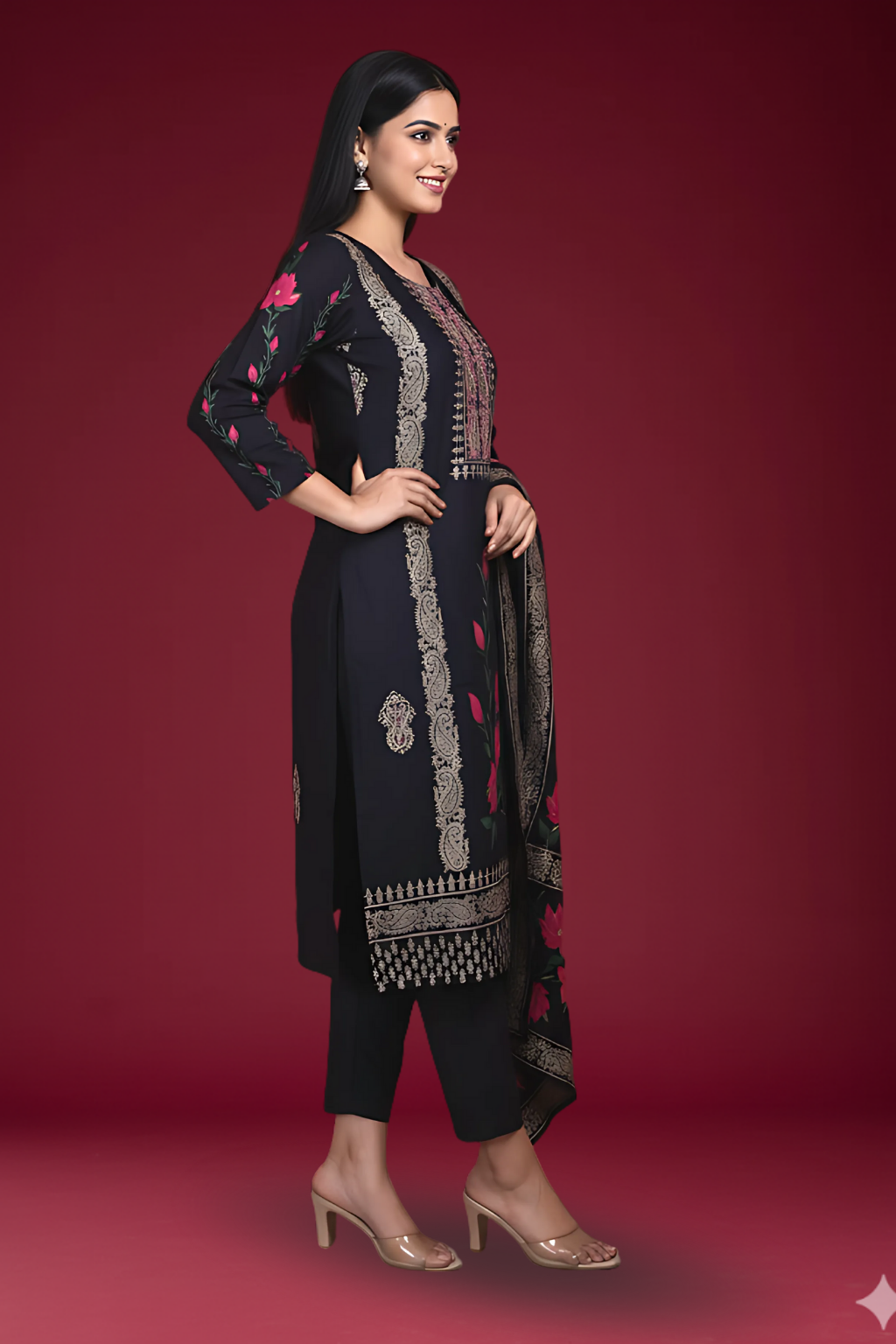 Black Kurta Set in Modal Silk with Digital Print