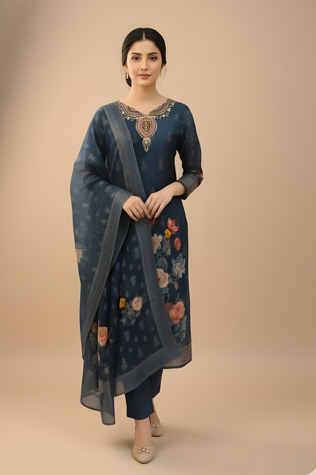 Blue Kurta Set in Shimmer Fabric with Organza Dupatta