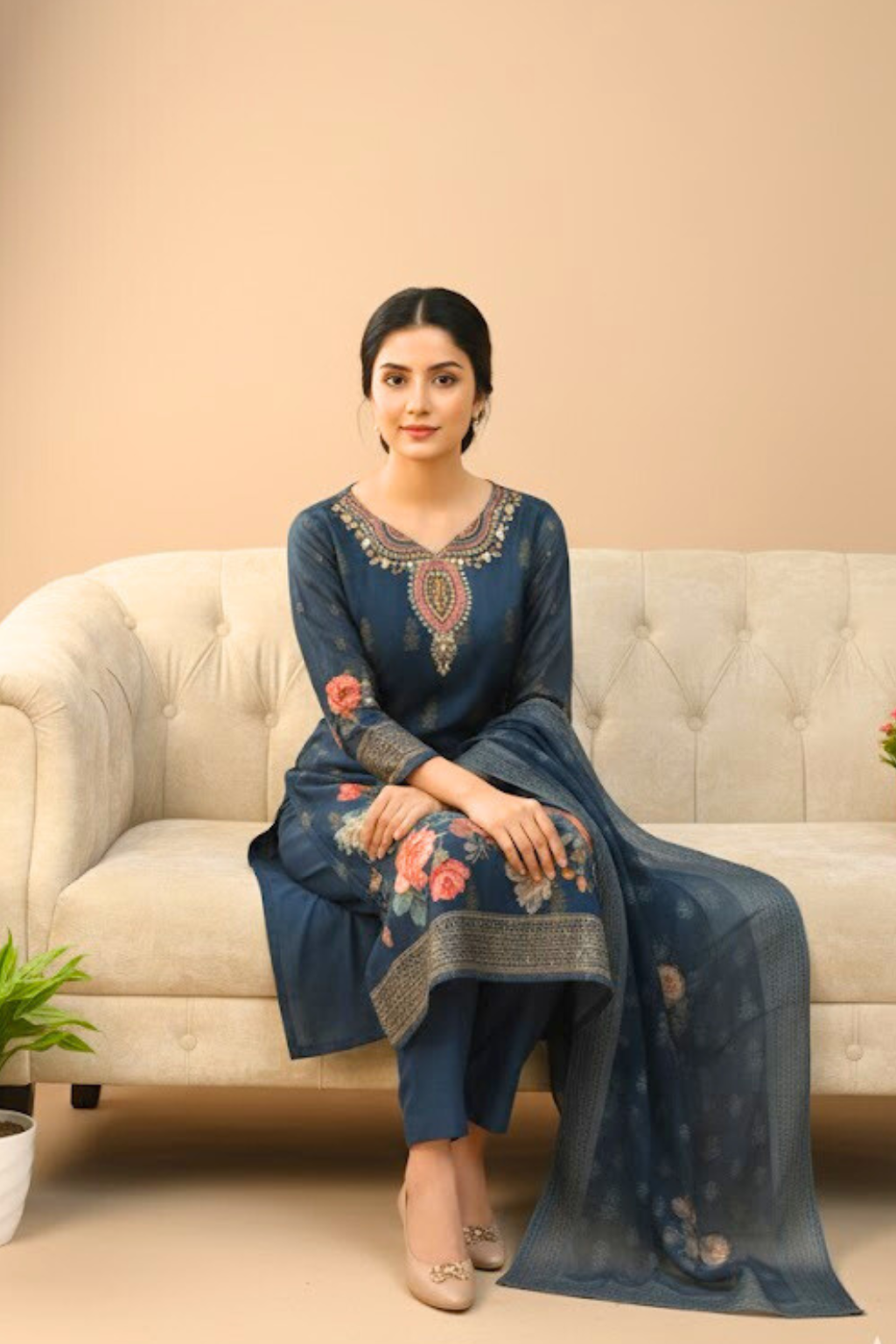 Blue Kurta Set in Shimmer Fabric with Organza Dupatta