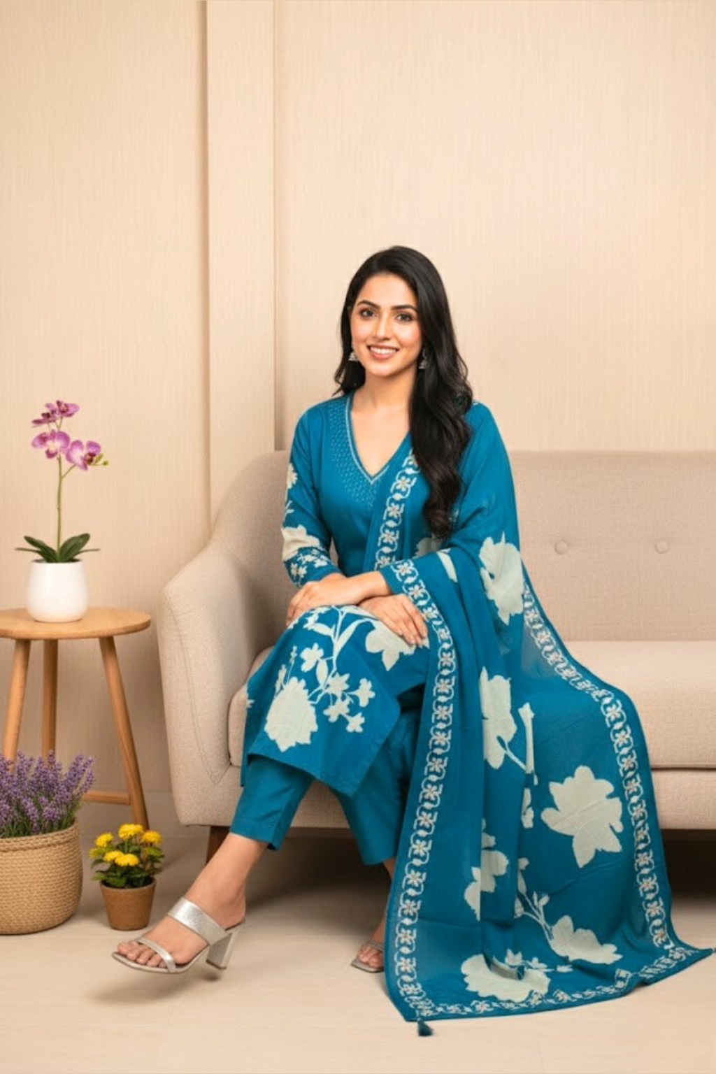 Blue Kurta Set with Floral Digital Print in Crepe Fabric