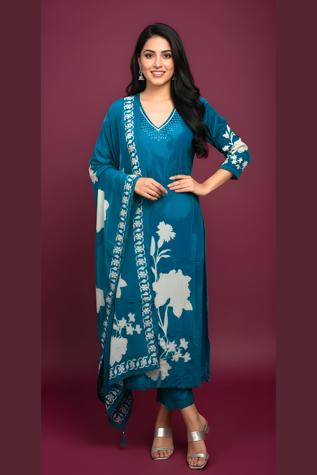 Blue Kurta Set with Floral Digital Print in Crepe Fabric