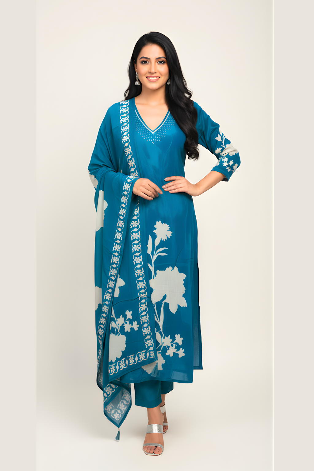 Blue Kurta Set with Floral Digital Print in Crepe Fabric