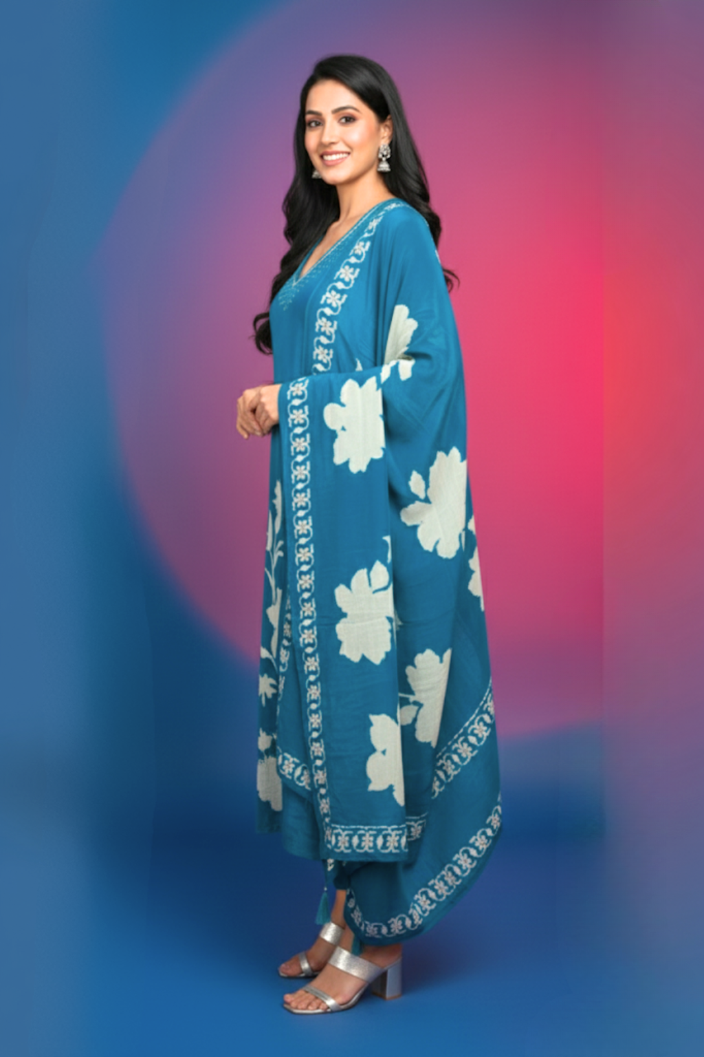 Blue Kurta Set with Floral Digital Print in Crepe Fabric