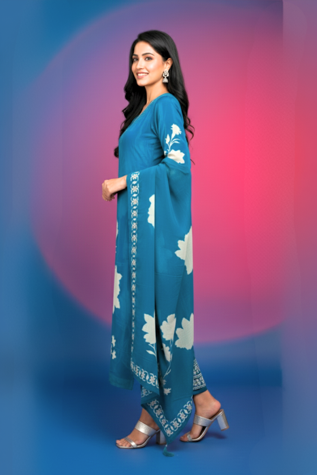 Blue Kurta Set with Floral Digital Print in Crepe Fabric