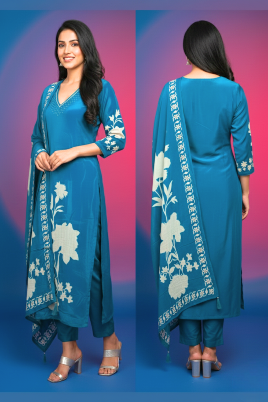 Blue Kurta Set with Floral Digital Print in Crepe Fabric