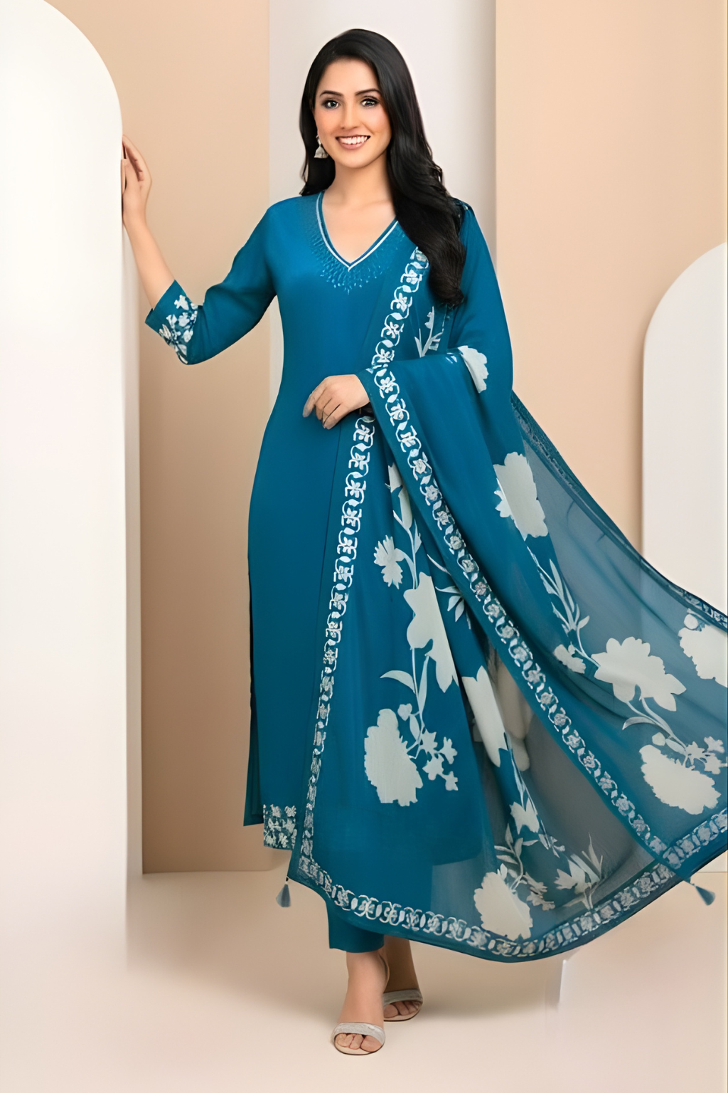 Blue Kurta Set with Floral Digital Print in Crepe Fabric