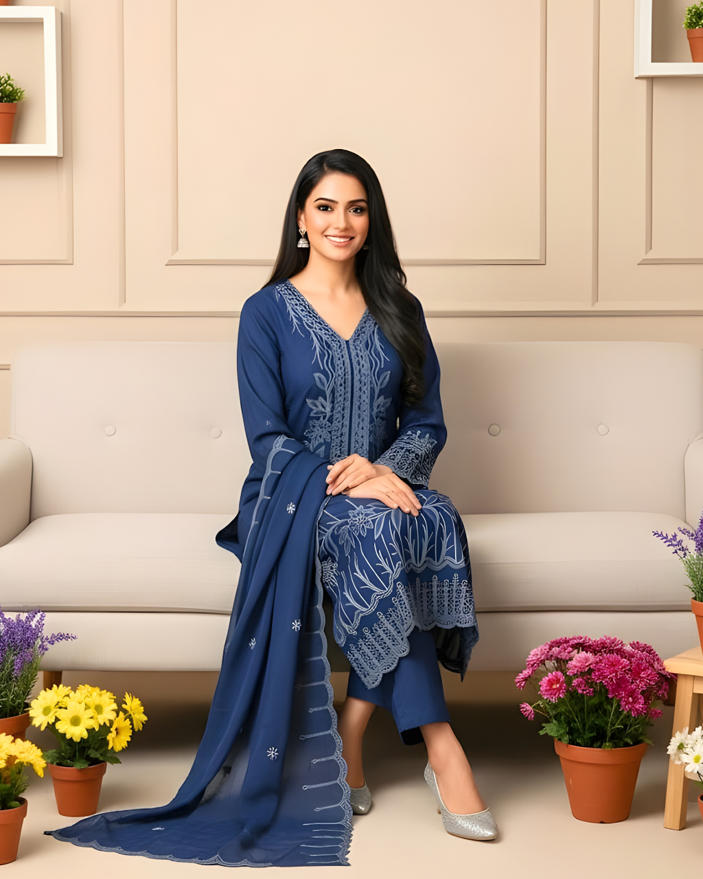 Navy Blue Kurta Set in Viscose Organza Fabric and Zari Work
