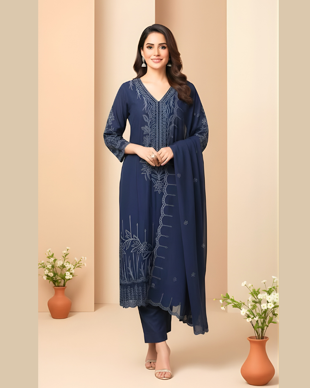 Navy Blue Kurta Set in Viscose Organza Fabric and Zari Work