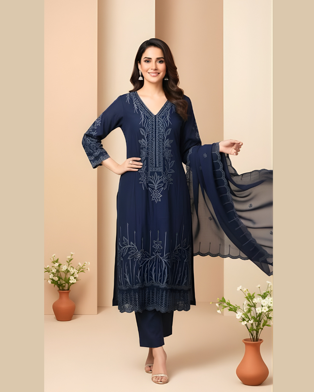 Navy Blue Kurta Set in Viscose Organza Fabric and Zari Work
