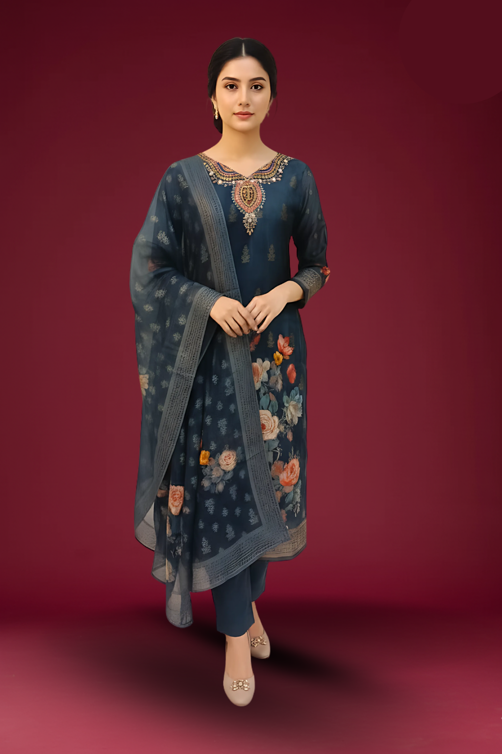 Blue Kurta Set in Shimmer Fabric with Organza Dupatta
