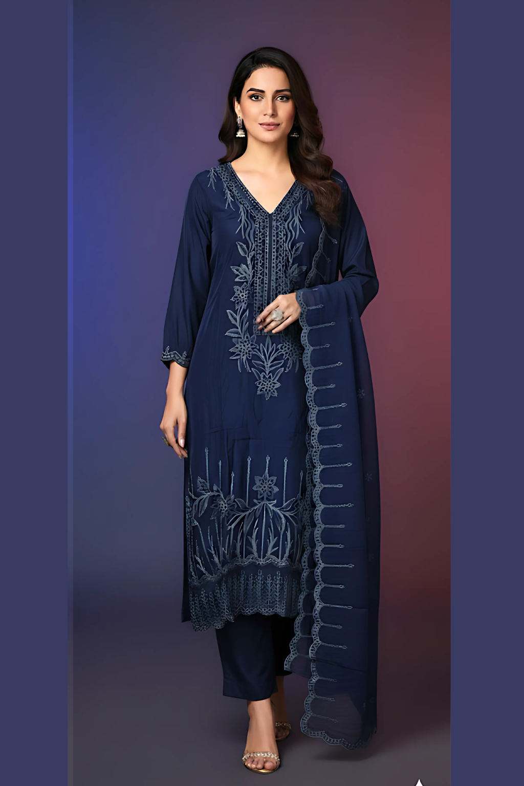 Navy Blue Kurta Set in Viscose Organza Fabric and Zari Work