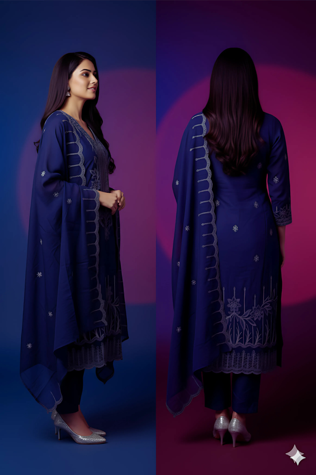 Navy Blue Kurta Set in Viscose Organza Fabric and Zari Work