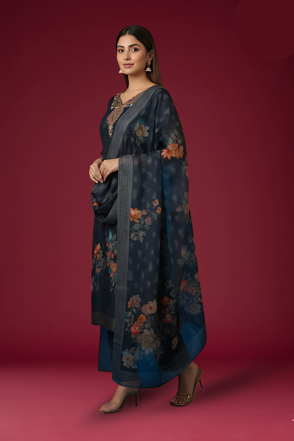Blue Kurta Set in Shimmer Fabric with Organza Dupatta