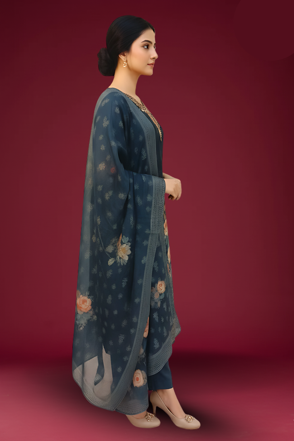 Blue Kurta Set in Shimmer Fabric with Organza Dupatta