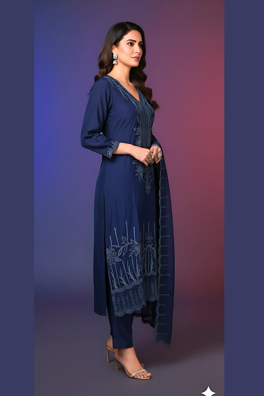 Navy Blue Kurta Set in Viscose Organza Fabric and Zari Work