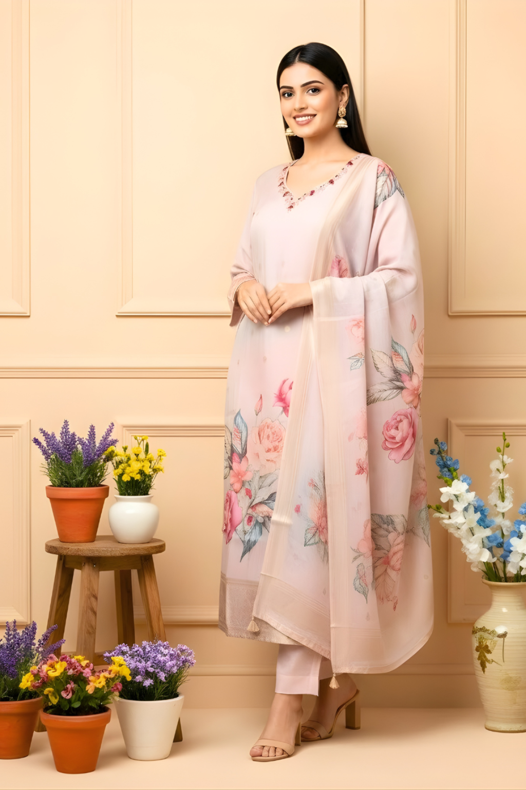 Brown Kurta Set in Chanderi Fabric with Handwork and Digital Print