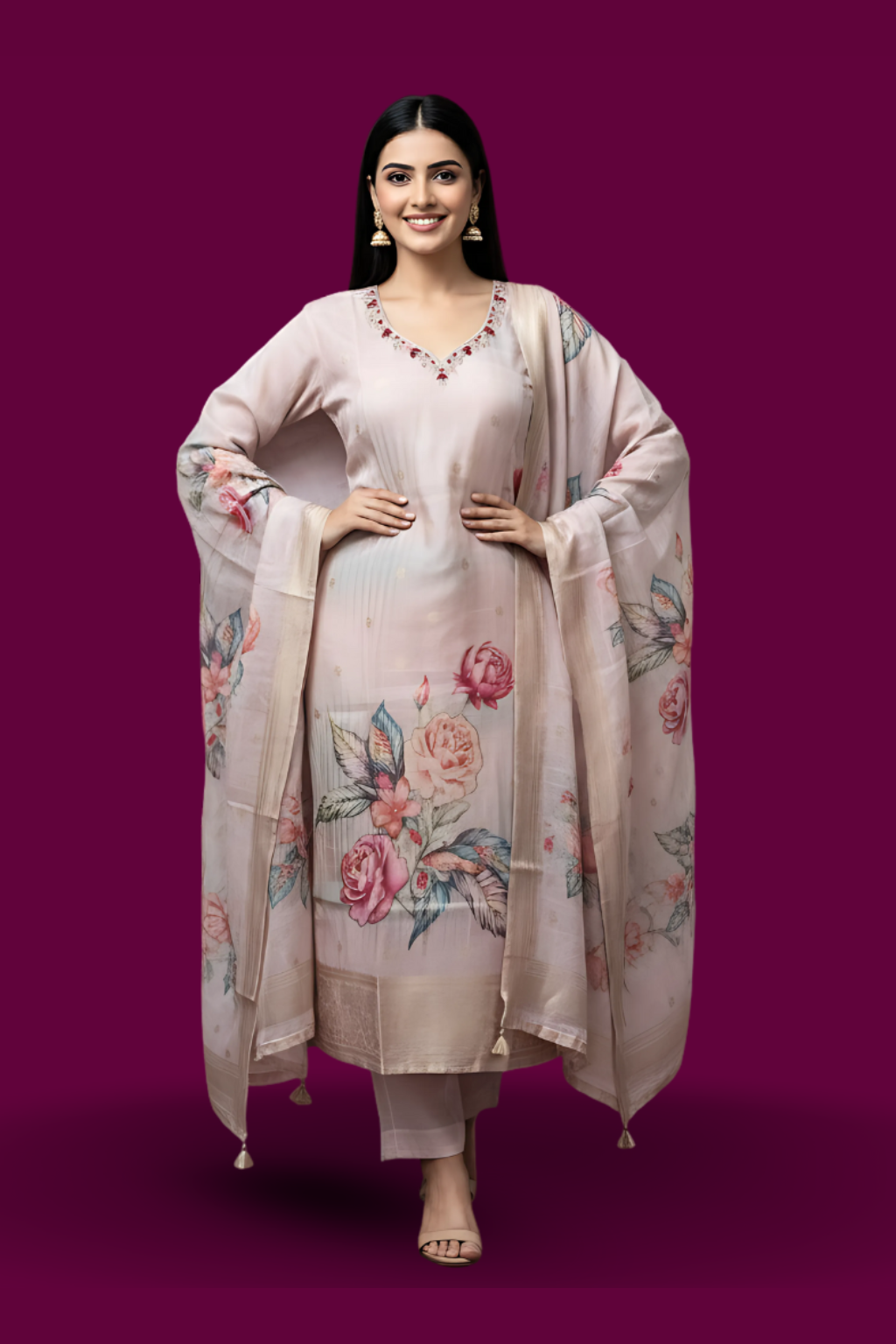 Brown Kurta Set in Chanderi Fabric with Handwork and Digital Print