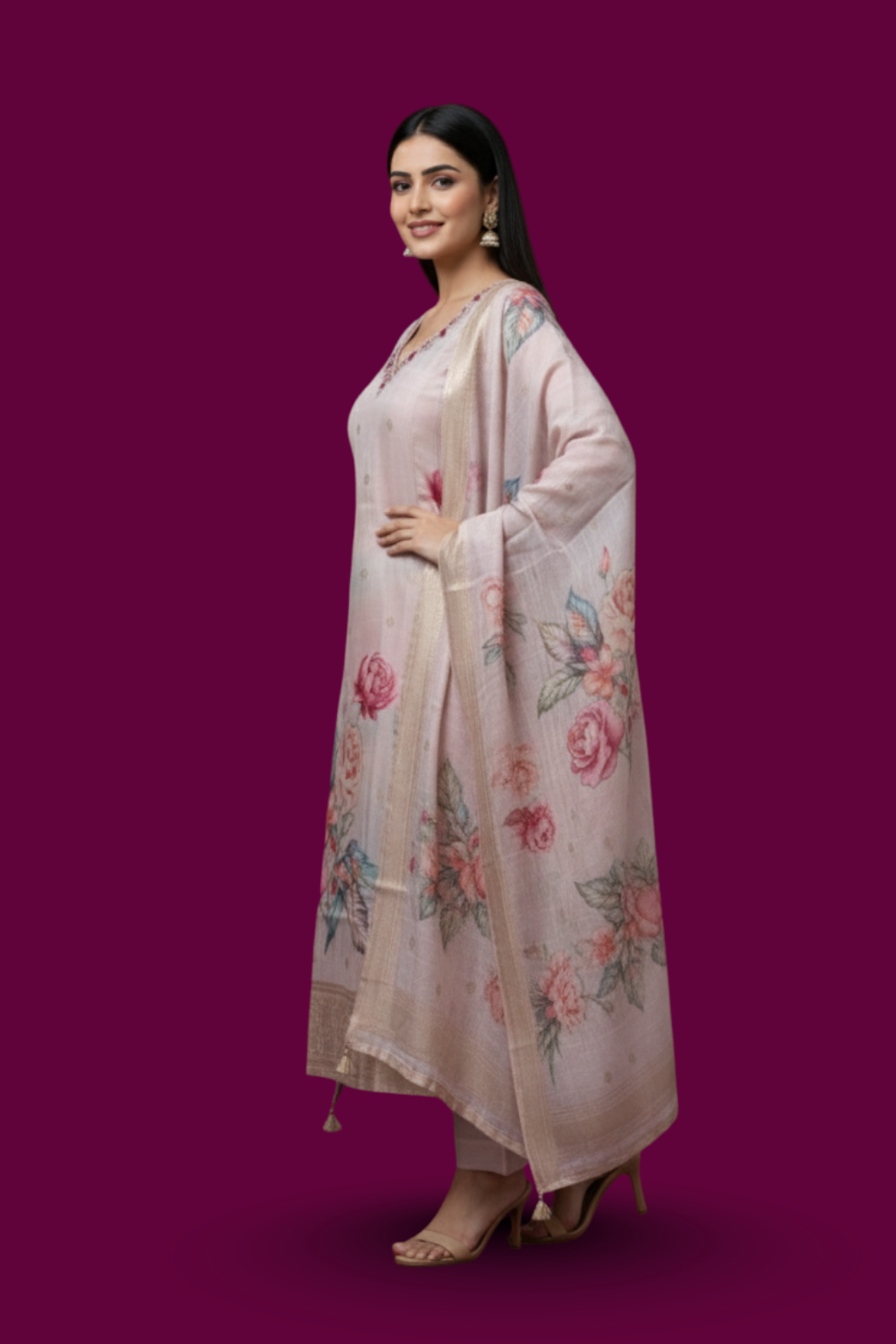 Brown Kurta Set in Chanderi Fabric with Handwork and Digital Print