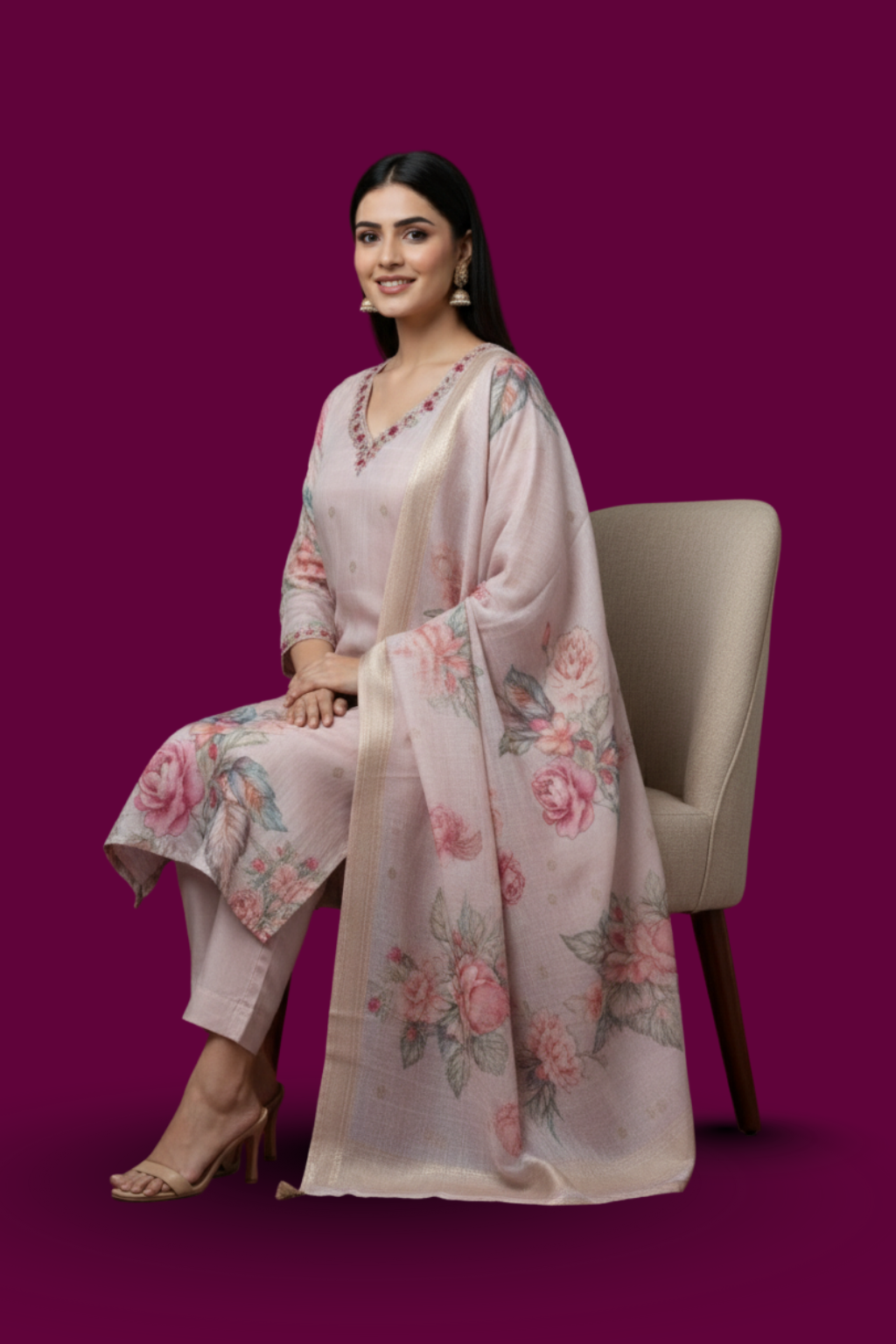 Brown Kurta Set in Chanderi Fabric with Handwork and Digital Print