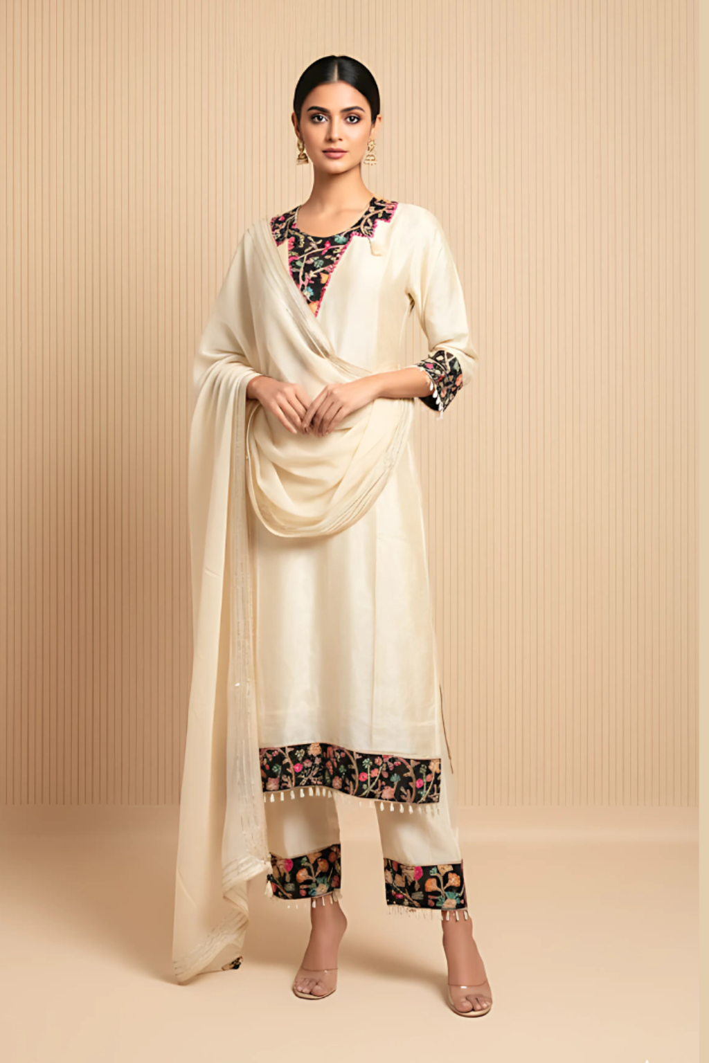 Cream color Jacquard Shimmer  Kurta Set with Organza Dupatta