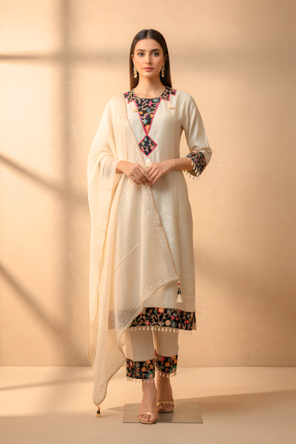 Cream color Jacquard Shimmer  Kurta Set with Organza Dupatta
