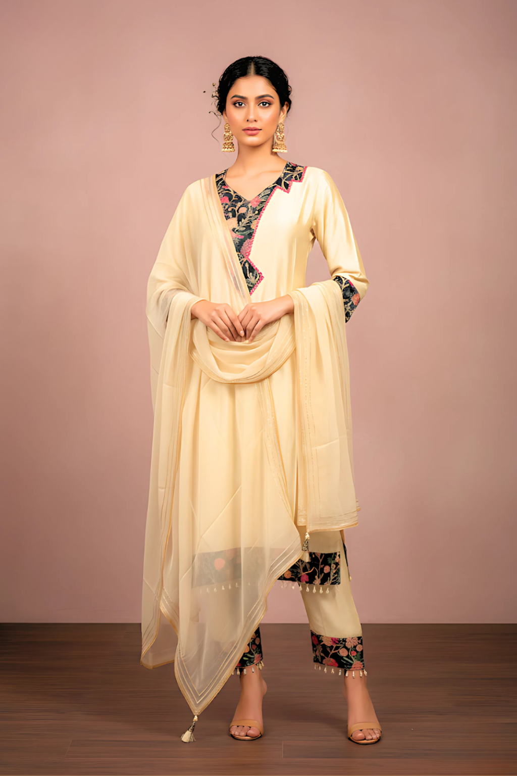Cream color Jacquard Shimmer  Kurta Set with Organza Dupatta