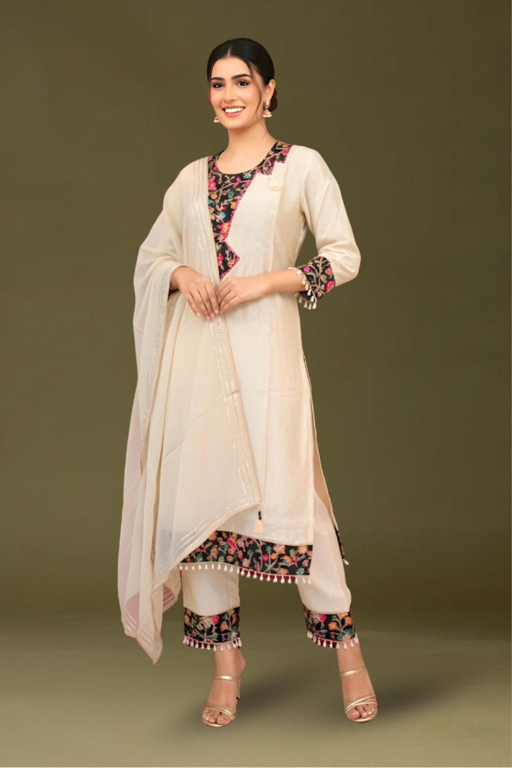Cream color Jacquard Shimmer  Kurta Set with Organza Dupatta