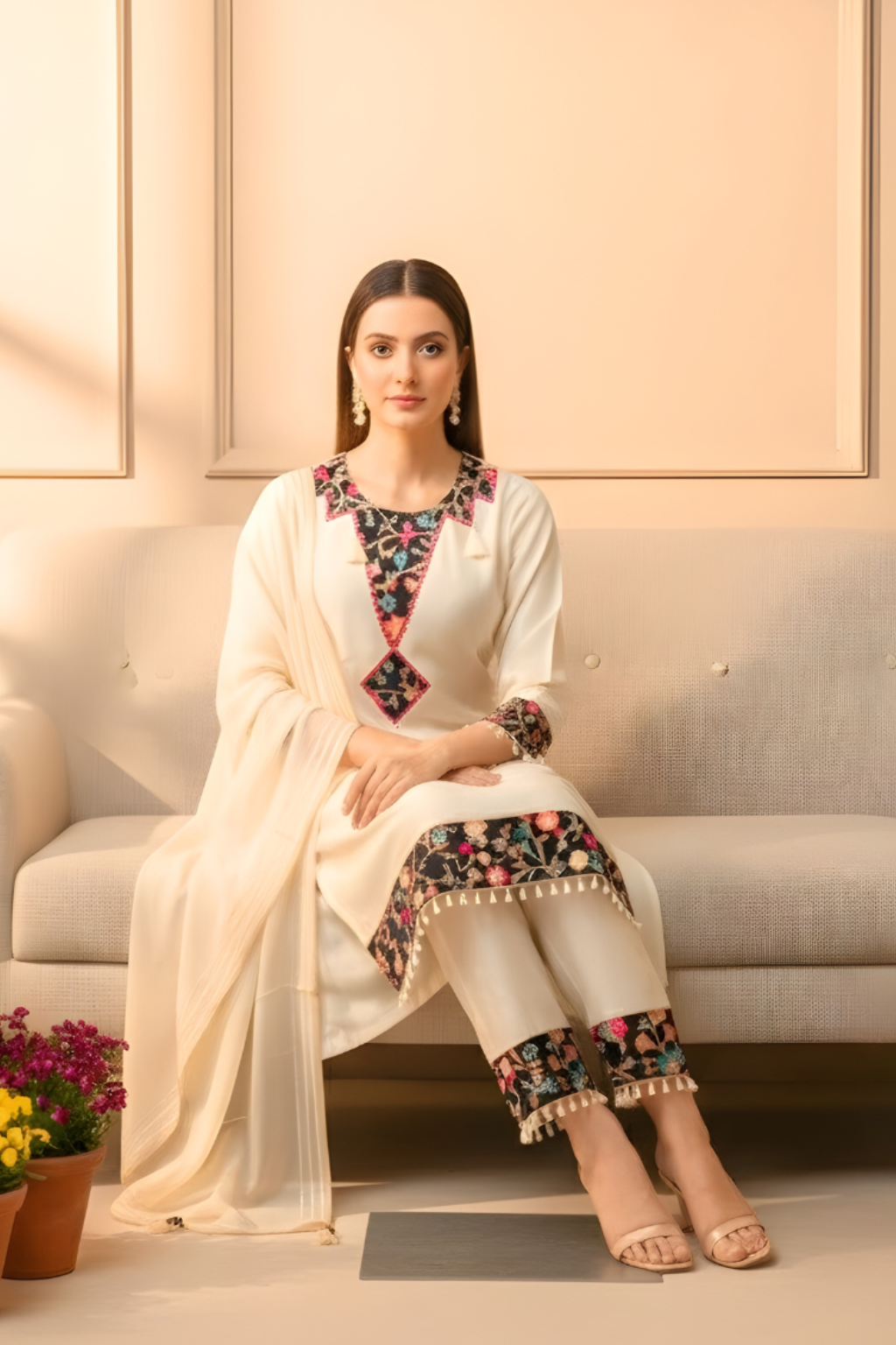 Cream color Jacquard Shimmer  Kurta Set with Organza Dupatta