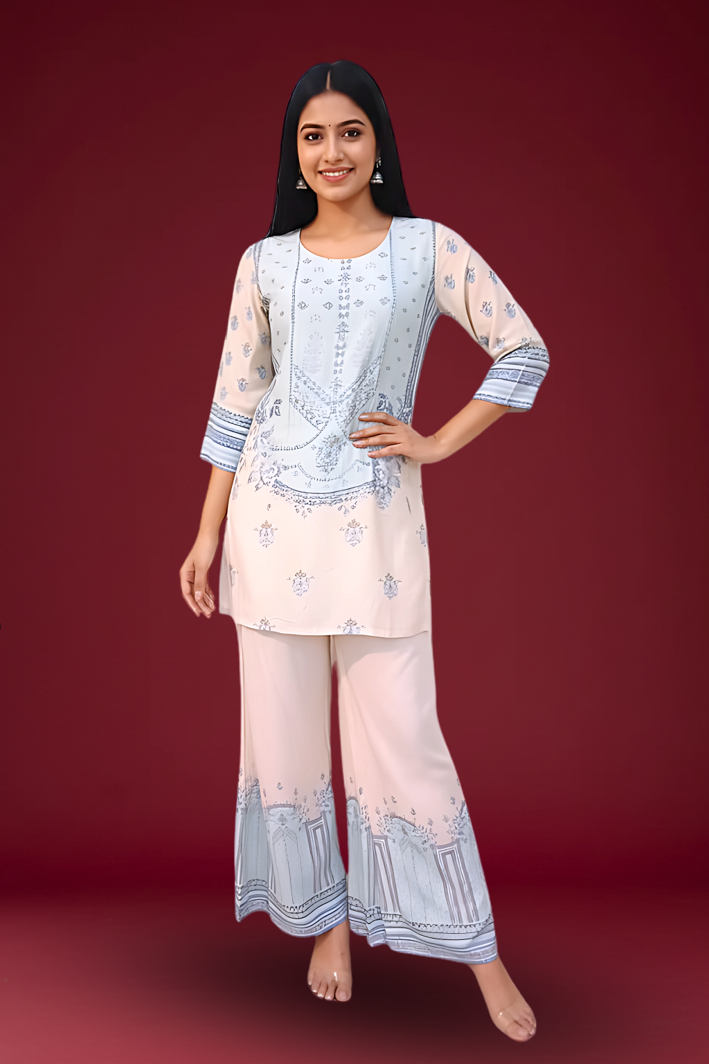 Light Blue and Cream Color Co-ord set in Muslin Fabric