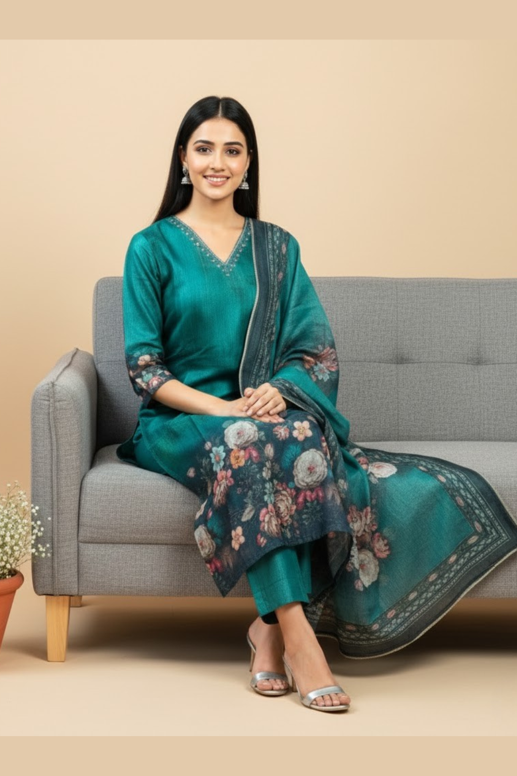 Green Kurta Set in Raw Silk with Handwork