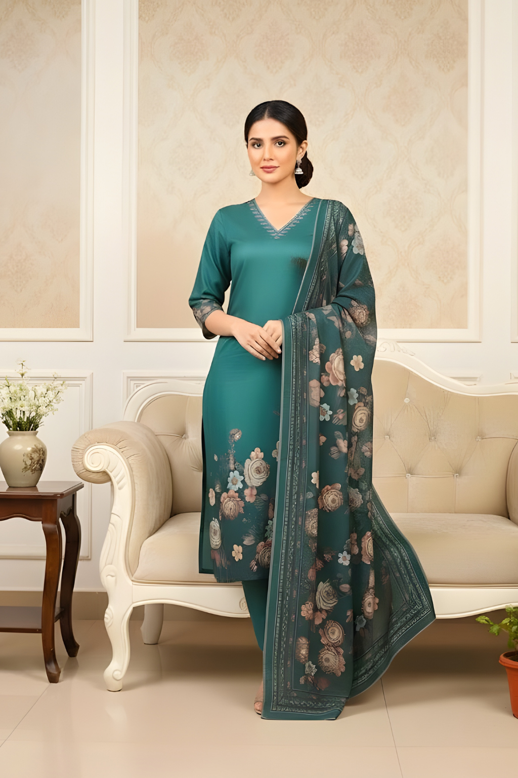 Green Kurta Set in Raw Silk with Handwork