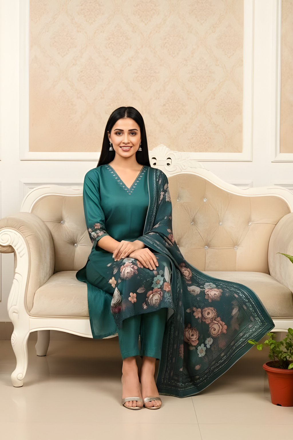 Green Kurta Set in Raw Silk with Handwork