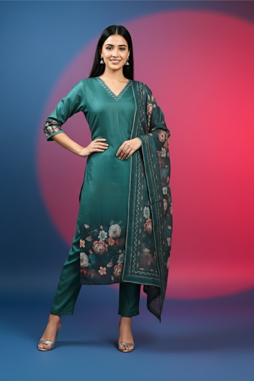 Green Kurta Set in Raw Silk with Handwork