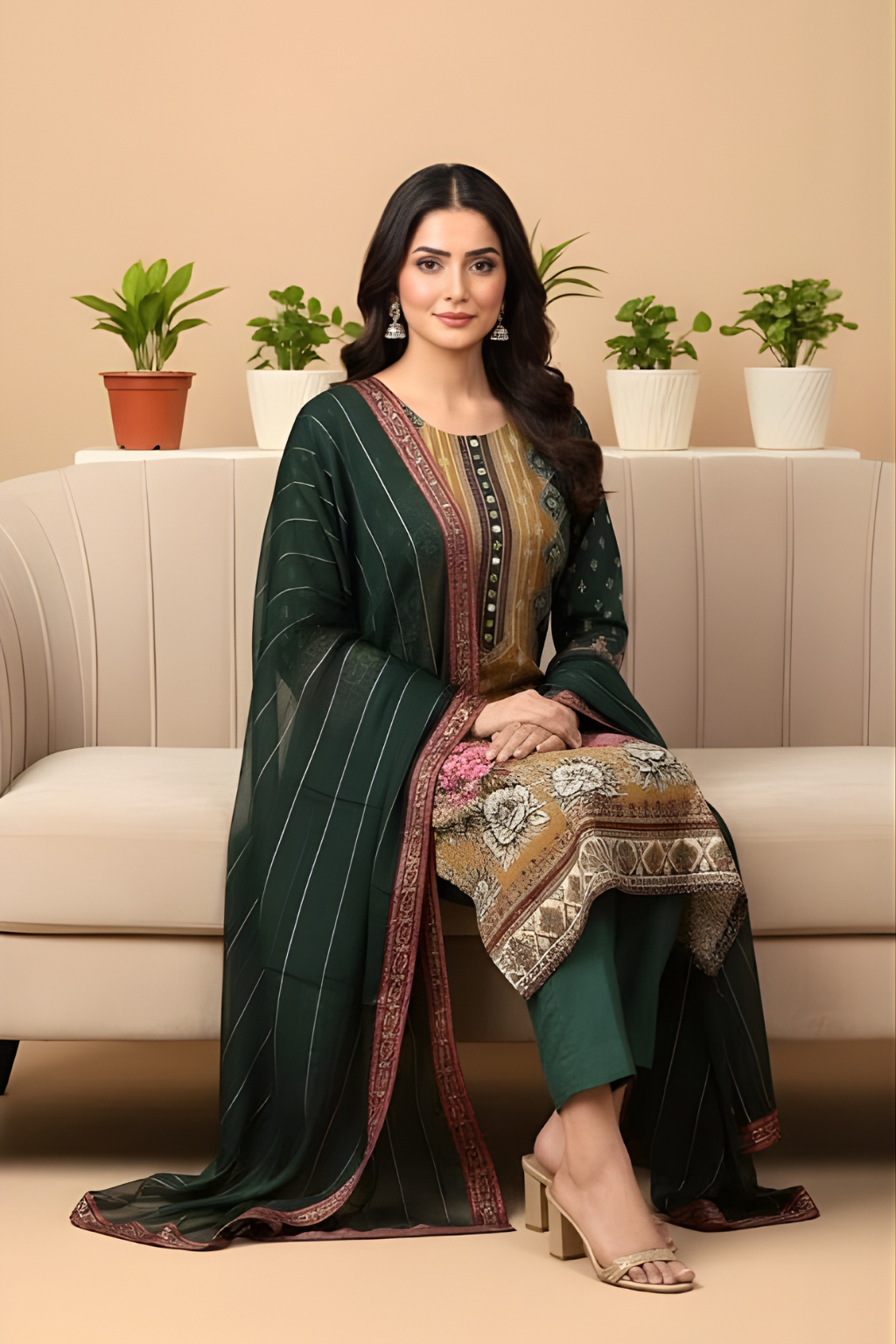 Green Kurta Set in Muslin Fabric with Digital Print
