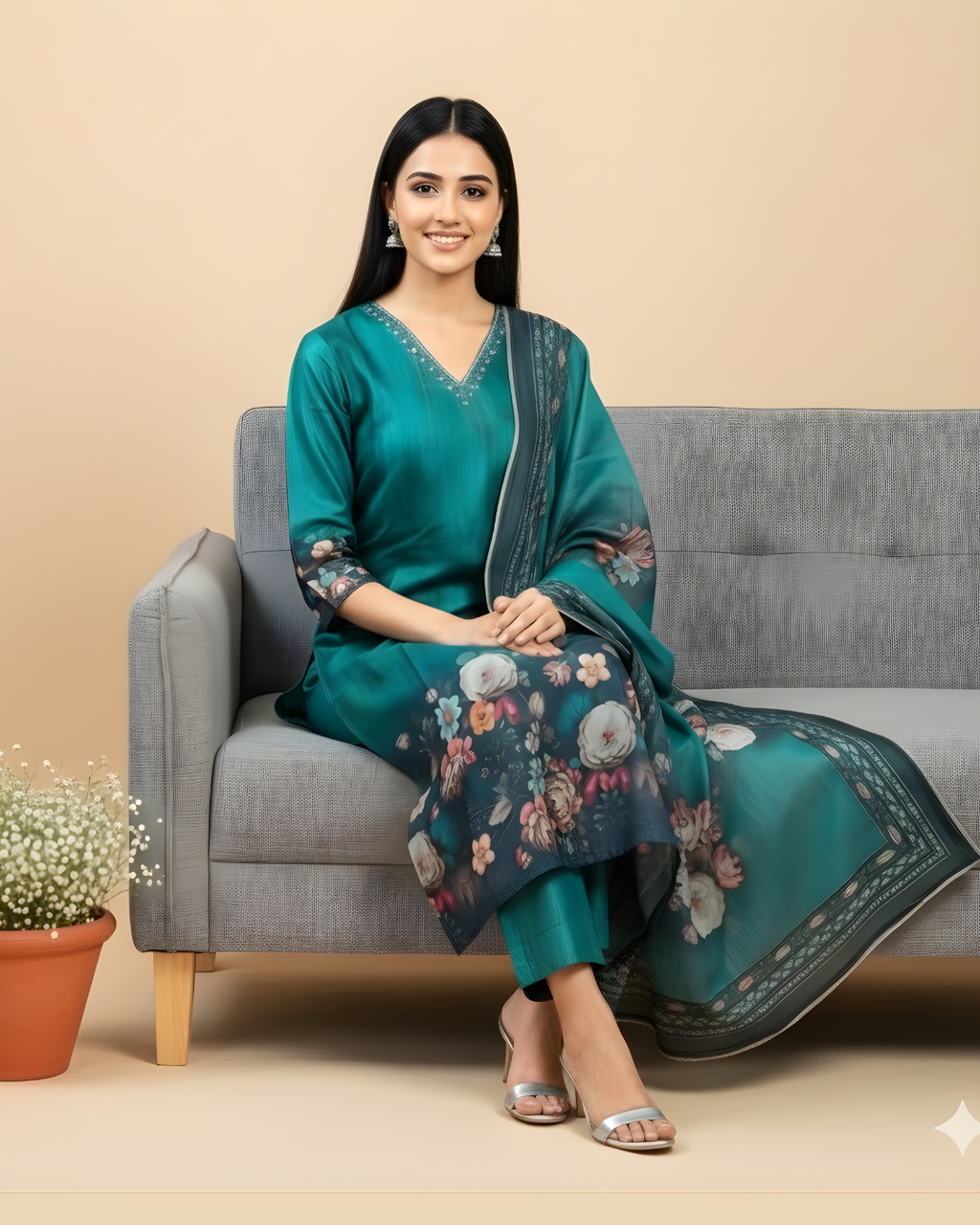 Green Kurta Set in Raw Silk with Handwork