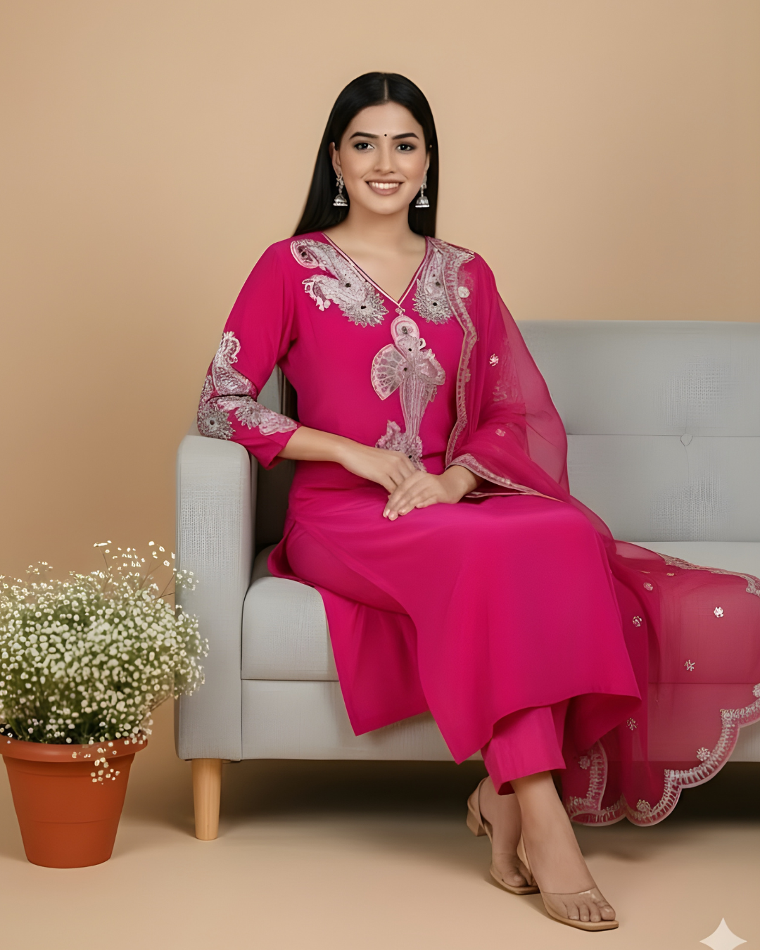Magenta Kurta Set in Roman Silk/Organza/Bota Patti Work