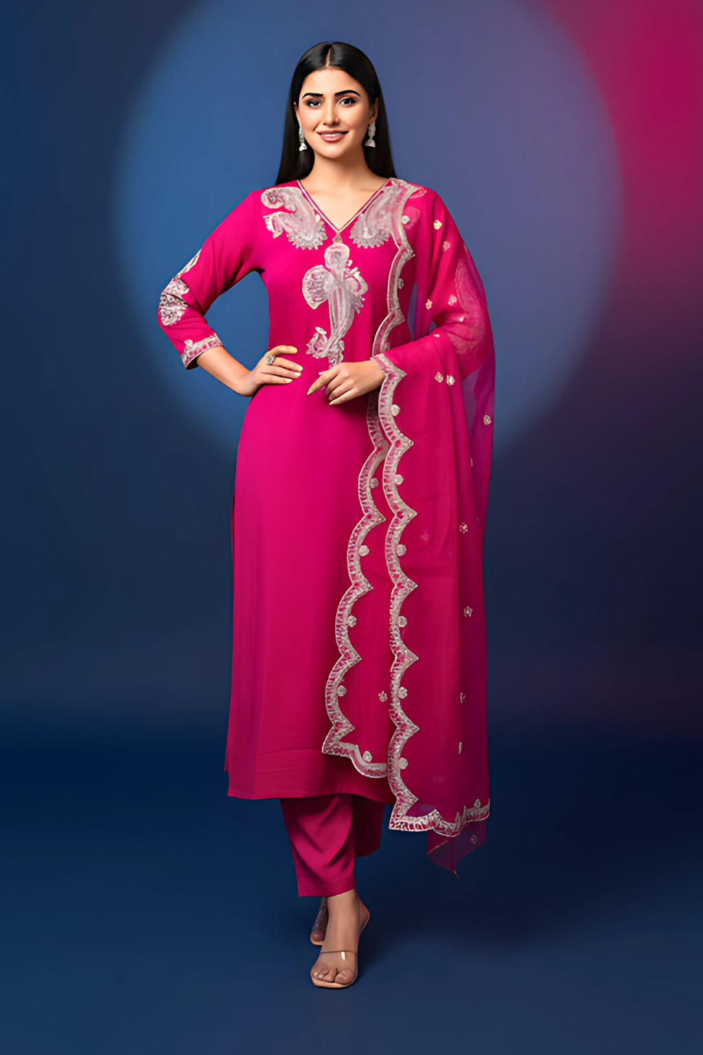 Magenta Kurta Set in Roman Silk/Organza/Bota Patti Work