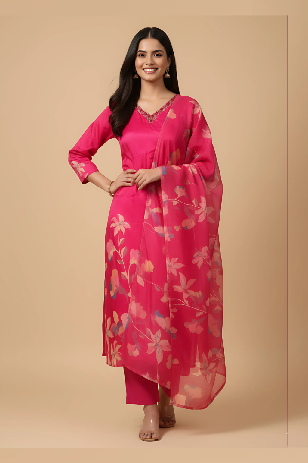 Magenta Kurta Set in Crepe Fabric with Digital Print
