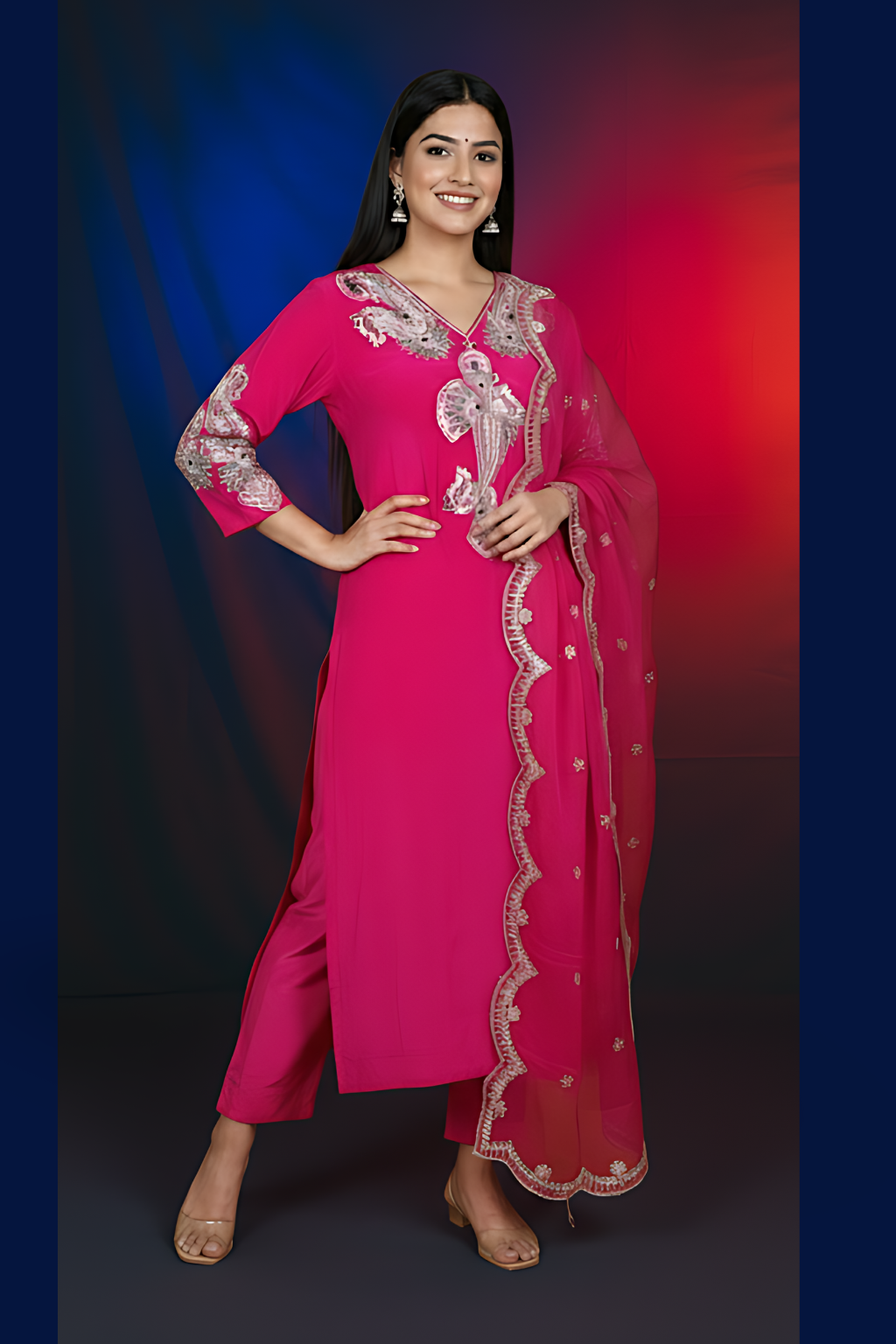 Magenta Kurta Set in Roman Silk/Organza/Bota Patti Work