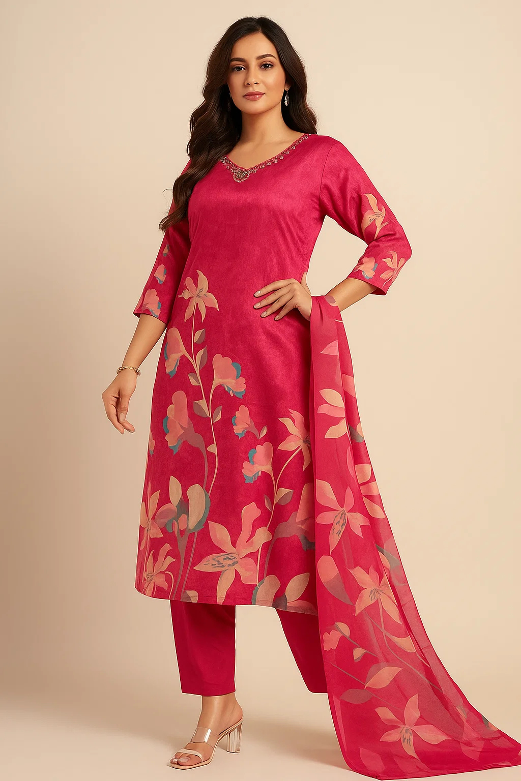 Magenta Kurta Set in Crepe Fabric with Digital Print
