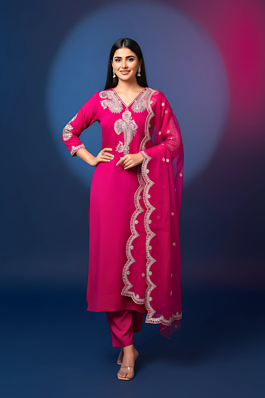 Magenta Kurta Set in Roman Silk/Organza/Bota Patti Work