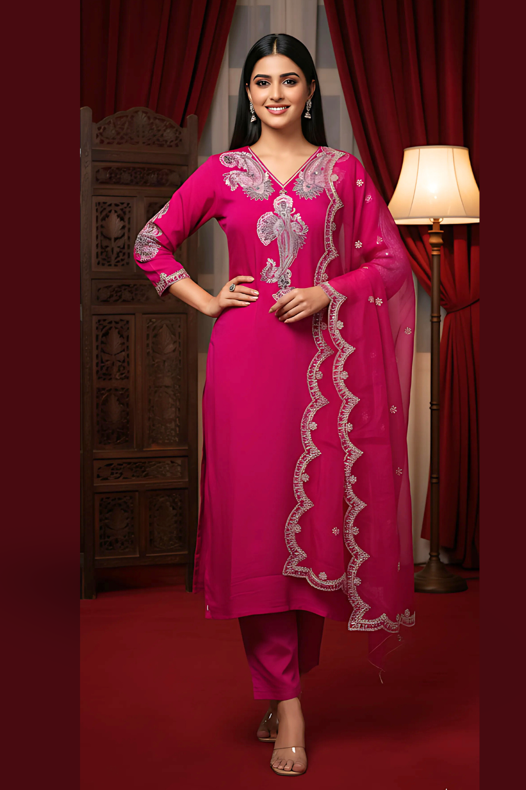 Magenta Kurta Set in Roman Silk/Organza/Bota Patti Work