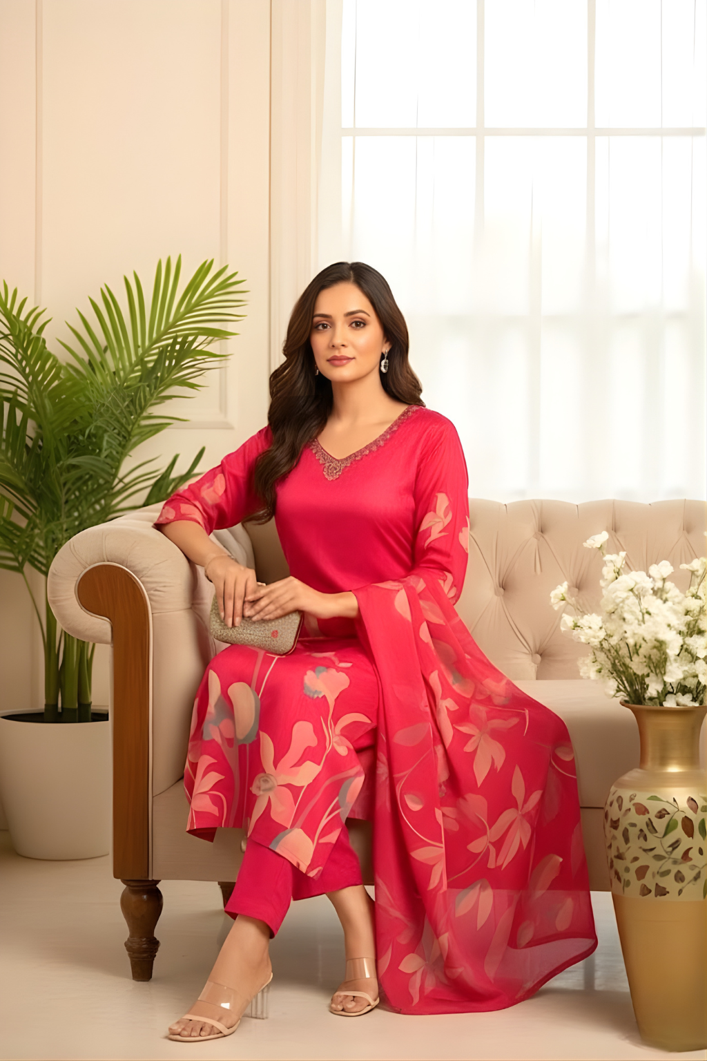 Magenta Kurta Set in Crepe Fabric with Digital Print