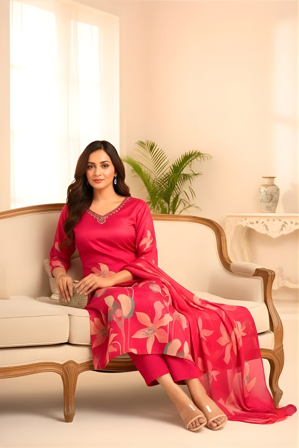 Magenta Kurta Set in Crepe Fabric with Digital Print