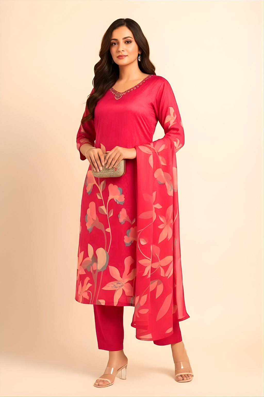 Magenta Kurta Set in Crepe Fabric with Digital Print