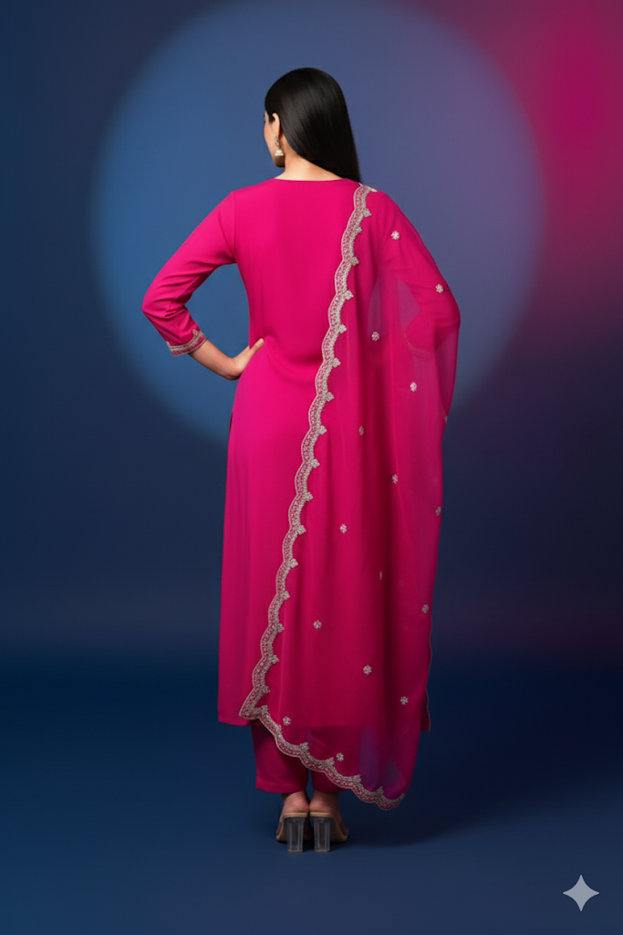Magenta Kurta Set in Roman Silk/Organza/Bota Patti Work