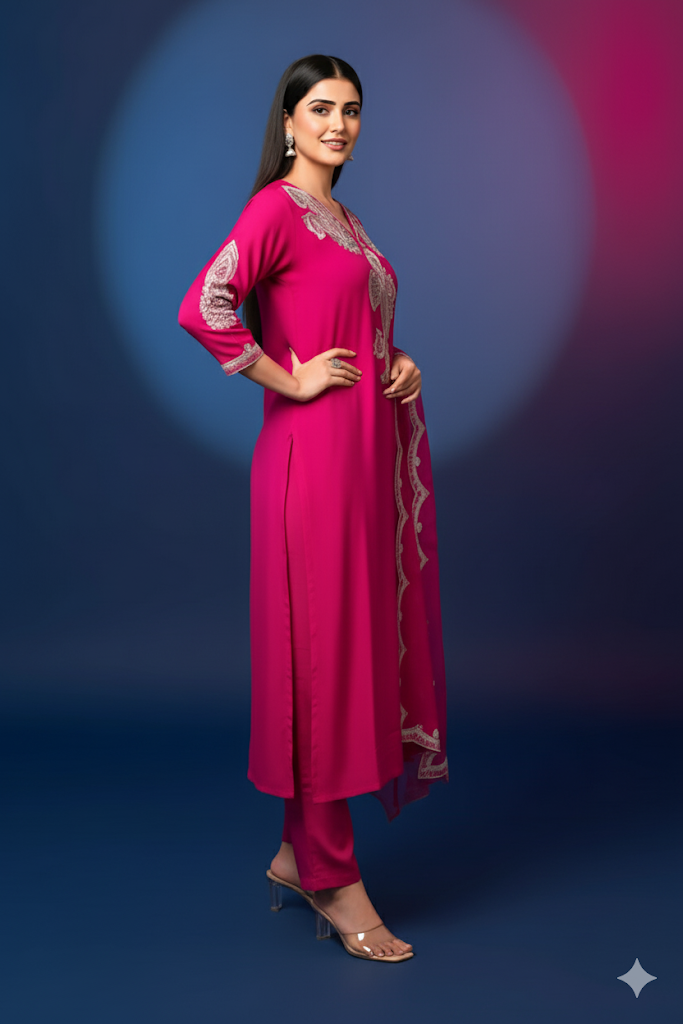 Magenta Kurta Set in Roman Silk/Organza/Bota Patti Work